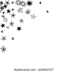 Falling Doodle Stars. Simple Black and White Background with Falling Confetti. Cute Hand Drawn Scribble Stars for Greeting Card, Poster or Banner. Vector.