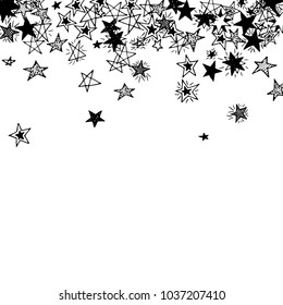 Falling Doodle Stars. Simple Black and White Background with Falling Confetti. Cute Hand Drawn Scribble Stars for Greeting Card, Poster or Banner. Vector.