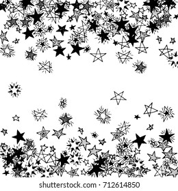 Falling Doodle Stars. Simple Black and White Background with Falling Confetti. Cute Hand Drawn Scribble Stars for Greeting Card, Poster or Banner. Vector.