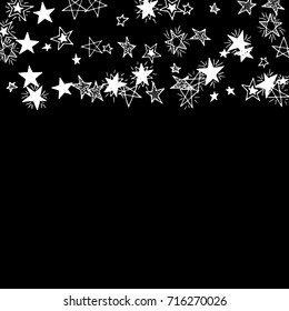 Falling Doodle Stars. Simple Black and White Background with Falling Confetti. Cute Hand Drawn Scribble Stars for Greeting Card, Poster or Banner. Vector.