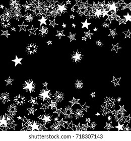 Falling Doodle Stars. Simple Black and White Background with Falling Confetti. Cute Hand Drawn Scribble Stars for Greeting Card, Poster or Banner. Vector.