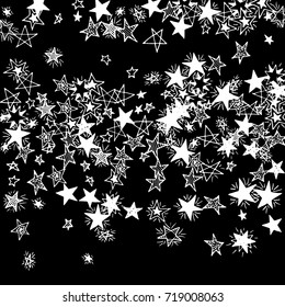 Falling Doodle Stars. Simple Black and White Background with Falling Confetti. Cute Hand Drawn Scribble Stars for Greeting Card, Poster or Banner. Vector.