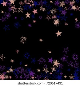 Falling Doodle Stars. Simple Black Background with Falling Confetti. Cute Hand Drawn Scribble Stars for Greeting Card, Poster or Banner. Vector.