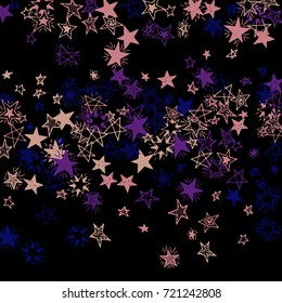 Falling Doodle Stars. Simple Black Background with Falling Confetti. Cute Hand Drawn Scribble Stars for Greeting Card, Poster or Banner. Vector.