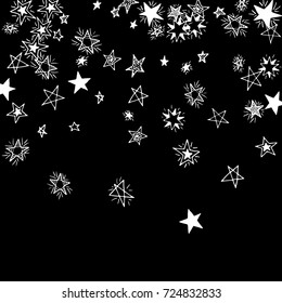 Falling Doodle Stars. Simple Black and White Background with Falling Confetti. Cute Hand Drawn Scribble Stars for Greeting Card, Poster or Banner. Vector.