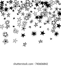 Falling Doodle Stars. Simple Black and White Background with Falling Confetti. Cute Hand Drawn Scribble Stars for Greeting Card, Poster or Banner. Vector.