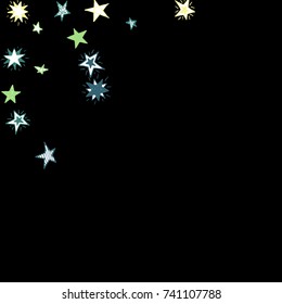 Falling Doodle Stars. Simple Black Background with Falling Confetti. Cute Hand Drawn Scribble Stars for Greeting Card, Poster or Banner. Vector.
