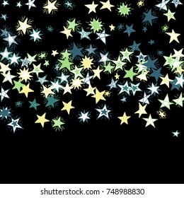 Falling Doodle Stars. Simple Black Background with Falling Confetti. Cute Hand Drawn Scribble Stars for Greeting Card, Poster or Banner. Vector.