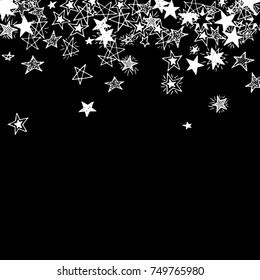 Falling Doodle Stars. Simple Black and White Background with Falling Confetti. Cute Hand Drawn Scribble Stars for Greeting Card, Poster or Banner. Vector.