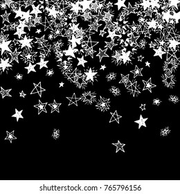 Falling Doodle Stars. Simple Black and White Background with Falling Confetti. Cute Hand Drawn Scribble Stars for Greeting Card, Poster or Banner. Vector.