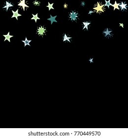 Falling Doodle Stars. Simple Black Background with Falling Confetti. Cute Hand Drawn Scribble Stars for Greeting Card, Poster or Banner. Vector.
