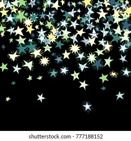 Falling Doodle Stars. Simple Black Background with Falling Confetti. Cute Hand Drawn Scribble Stars for Greeting Card, Poster or Banner. Vector.