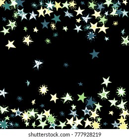 Falling Doodle Stars. Simple Black Background with Falling Confetti. Cute Hand Drawn Scribble Stars for Greeting Card, Poster or Banner. Vector.