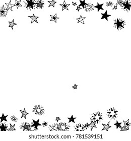 Falling Doodle Stars. Simple Black and White Background with Falling Confetti. Cute Hand Drawn Scribble Stars for Greeting Card, Poster or Banner. Vector.