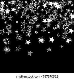 Falling Doodle Stars. Simple Black and White Background with Falling Confetti. Cute Hand Drawn Scribble Stars for Greeting Card, Poster or Banner. Vector.