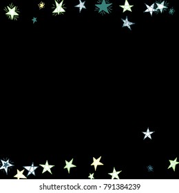 Falling Doodle Stars. Simple Black Background with Falling Confetti. Cute Hand Drawn Scribble Stars for Greeting Card, Poster or Banner. Vector.