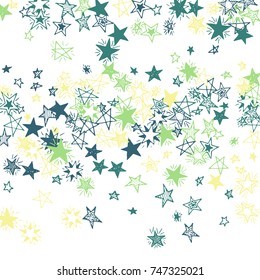 Falling Doodle Stars. Simple White Background with Falling Confetti. Cute Hand Drawn Scribble Stars for Greeting Card, Poster or Banner. Vector.
