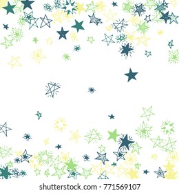 Falling Doodle Stars. Simple White Background with Falling Confetti. Cute Hand Drawn Scribble Stars for Greeting Card, Poster or Banner. Vector.