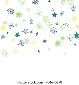 Falling Doodle Stars. Simple White Background with Falling Confetti. Cute Hand Drawn Scribble Stars for Greeting Card, Poster or Banner. Vector.