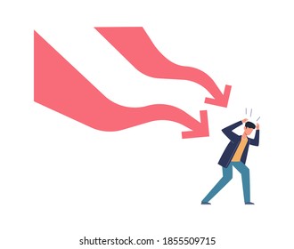 Falling down business graph. Panic businessman afraid arrow, bankruptcy and unpaid loan debt, company collapse losing money, financial problem economic crisis concept vector cartoon isolated character