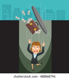 Falling down businesswoman with briefcase full of money, vector illustration cartoon