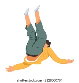 Falling down by accident, injured male character laying on the ground because of fall. Slippery road or path, dangerous and risky walkway. Isolated man or boy with legs up. Vector in flat style