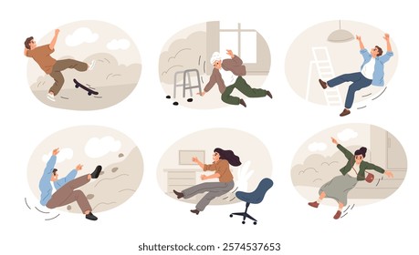 Falling down characters reasons. Cartoon people suddenly fall. Man losing balance. Woman stumbling and slipping from stepladder. Dangerous actions. Pain or injuries