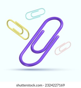 Falling down colorful paper clips. Colorful realistic glossy paper clips. Realistic 3D vector Illustration.