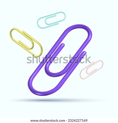 Falling down colorful paper clips. Colorful realistic glossy paper clips. Realistic 3D vector Illustration.