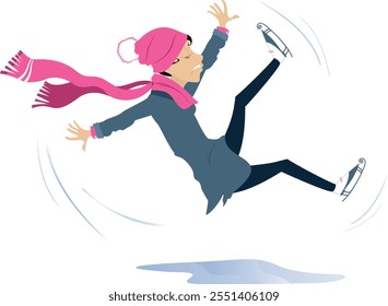 Falling down figure skater woman illustration. Young figure skater woman slips on the ice isolated on white	