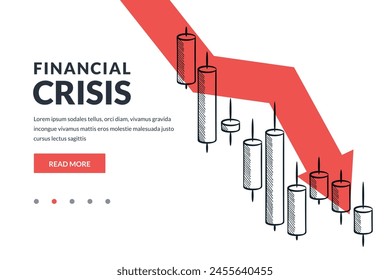 Falling down financial stock market chart on red arrow background. Hand drawn vector sketch illustration. Investment losses, economic crisis, bankruptcy concept