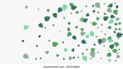 Falling down or flying vector monstera leaves confetti. Digital floral background. Graphic illustration of tropical leaves. Exotic border decoration. Green and turquoise simple monstera plant leaves.