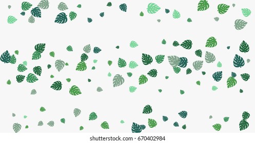 Falling down or flying vector monstera leaves confetti. Digital floral background. Graphic illustration of tropical leaves. Exotic border decoration. Green and turquoise simple monstera plant leaves.