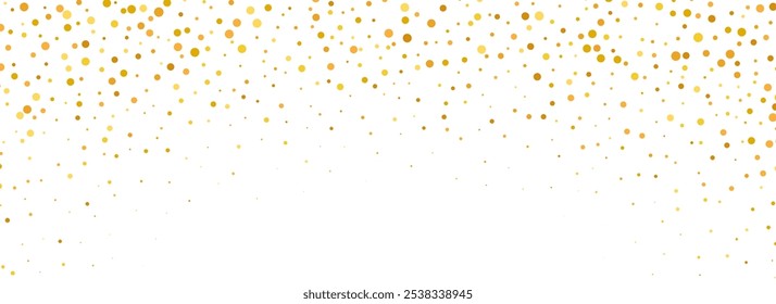 Goldkreis Konfetti Hintergrund. Goldgepunktetes Glitzermuster. Gelbe und orangefarbene Bildschirmhintergründe. Weihnachten, Neujahr oder Geburtstag Feier Party Hintergrund. Vektorgrafik