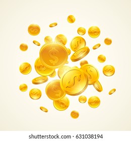 Falling down gold coins with dollar symbol. Vector realistic 3d illustration.