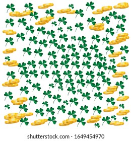 Falling down gold coins . Vector illustration. Decorative elements for Saint Patrick's day.Saint Patrick's Day Banner with Green Tree Leaf Clovers .Vector illustration.

