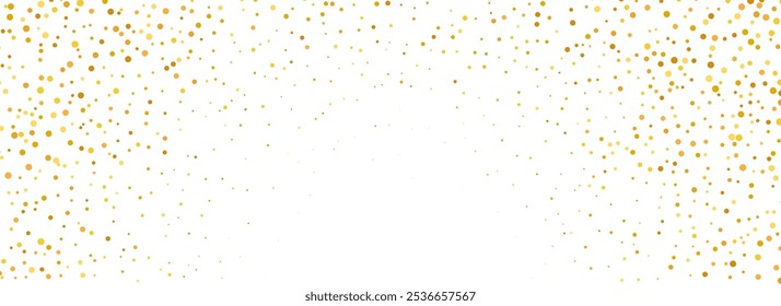 Fundo de confete de círculo dourado caindo. Espirrado padrão de brilho pontilhado de ouro. Papel de parede amarelo, laranja, ponto dourado. Natal, Ano Novo ou aniversário festa pano de fundo. Vetor