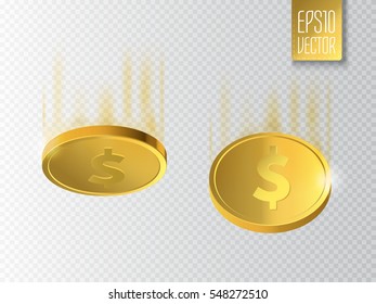 Falling down golden coins isolated on transparent background. Vector illustration
