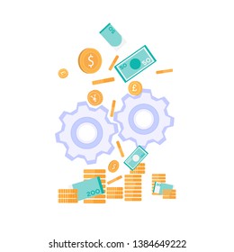 Retirada de monedas de oro Billetes de papel Valor nominal Pilas de efectivo Ruedas de engranaje Diseño Vector Ilustración plana Metáfora de inversión de producción de dinero Estrategia financiera eficiente de producción Aplicación móvil