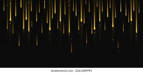 Falling down golden meteor rain, transparent background. Luxury holiday pattern with glitter sparkle shine. Isolated design greeting abstract frame template with vertical tinsel and glisten stardust.