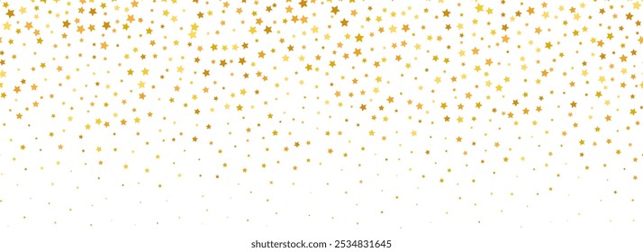 Caindo fundo de confete de estrela dourada. Padrão de brilho pontilhado de ouro repetido. Papel de parede amarelo, laranja, ponto dourado. Natal, Ano Novo ou festa de aniversário repetindo o pano de fundo. Vetor