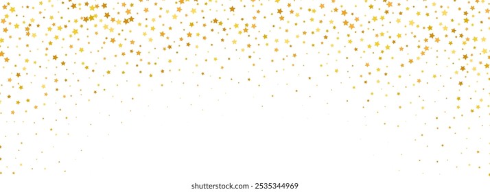 Falling down golden star confetti background. Splattered gold dotted glitter pattern. Yellow, orange, golden dot wallpaper. Christmas, New Year or birthday celebration party backdrop. Vector