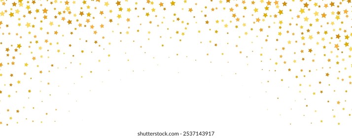 Caindo fundo de confete de estrela dourada. Espirrado padrão de brilho pontilhado de ouro. Papel de parede amarelo, laranja, ponto dourado. Natal, Ano Novo, aniversário ou casamento festa pano de fundo. Vetor