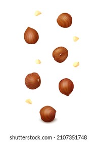 Falling down hazelnut kernels and crumbs isolated on white background. Realistic vector illustration.
