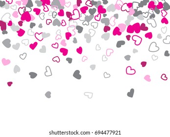 Falling down hearts vector pattern on white. Romantic feelings or relationships concept design. Background with heart love symbols confetti for wedding invitation card, Valentine's day banner.