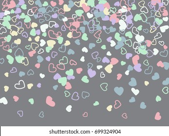 Falling down hearts vector pattern. Background illustration with love symbols confetti for wedding invitation card, Valentine's day banner. Romantic feelings or relationships concept design on grey.