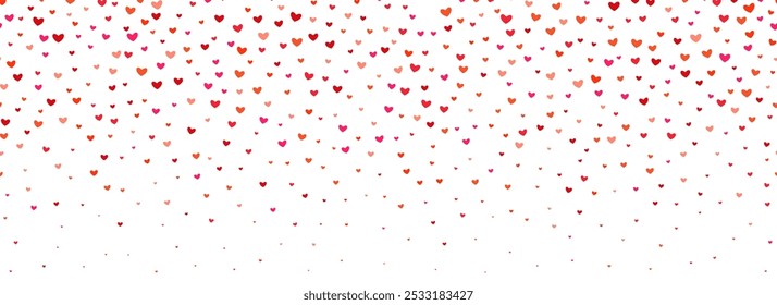 Falling down heart-shaped confetti background. Repeated pink and red heart glitter pattern. Romantic repeating wallpaper for celebration St Valentines day, birthday, wedding. Vector