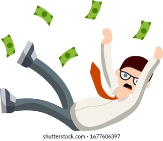 Caer hombre en pantalones y corbata. Problema de oficina. Despido de empleados. Dinero y crisis. Hombre asustado. Dibujo plano de caricatura. Trabajo en economía. Trabajar a cambio.Moneda de oro. Colapso y bancarrota