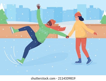 Falling down on skates flat color vector illustration. Man slipping on ice. Everyday situation. Daily life. Couple holding hands 2D cartoon characters with urban winter park on background