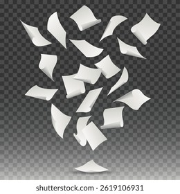 Falling down paper sheets. Realistic white paper sheets isolated on transparent background vector illustration